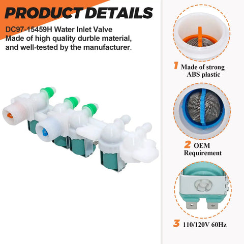 Water Inlet Valve DC97-15459H Replacement For Washer Fits WA45H7000AW A2 WA45M7050AW A4 WA400PJHDWR AA WA50R5400AV US Easy Install Plug And Play Durable Water Inlet Valve For Water Supply With 5 Year Warranty, white ABS plastic 4-coil washer part