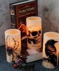 Halloween LED Flameless Candles 3 Pack With 6 Hour Timer; featuring crow, skull, and spider decals; spooky indoor decor.