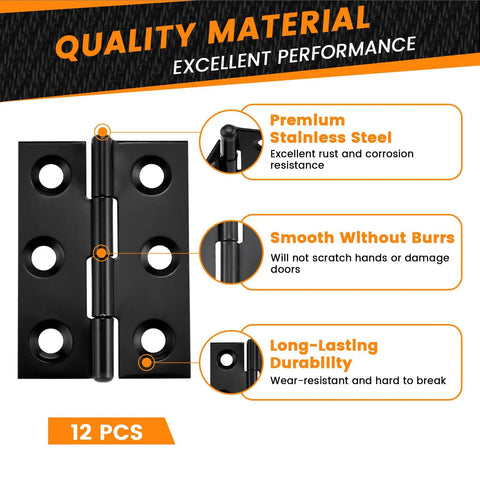 Bulletproof 12 Pack Stainless Steel Mini Folding Butt Hinges Slick Low Profile Design Smooth Quiet Glide Hardened Steel Base Tight Fit Cabinet Door Hardware Solutions, detailed view of hinge features.