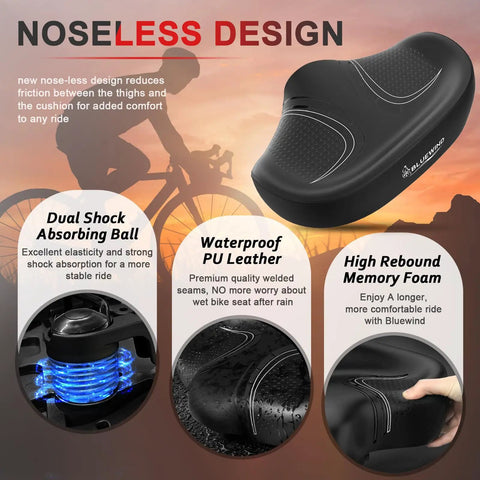 Noseless Oversized Bike Seat With Backrest for Electric and Stationary Bikes Extra Wide 13x9 Inch Cushion 7cm Foam No Nose Design