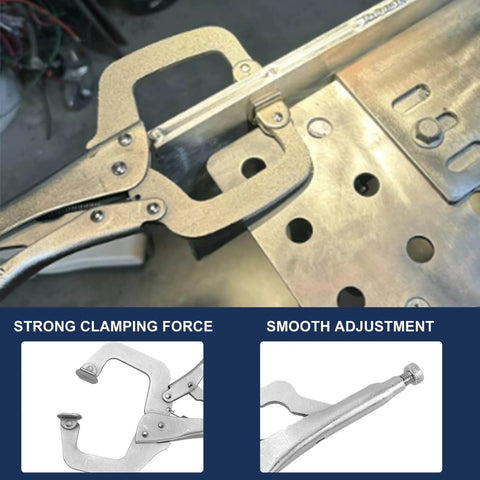 4 Pack 11 Inch Large C Clamp Locking Pliers With Swivel Pads in use, showing strong clamping force and smooth adjustment for welding.