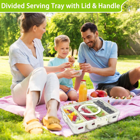 Family using Divided Veggie Tray With Lid And Handle Four Compartment Snack Storage for picnic outdoors.