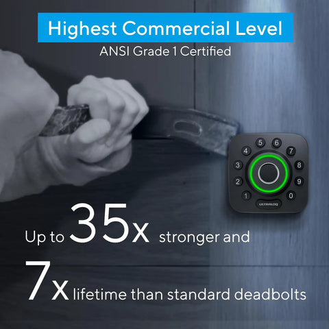 Image showing WiFi Smart Lock With Handle And Fingerprint Keyless Entry, front door deadbolt, ANSI Grade 1 certification details.