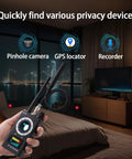 All In One Spy Detector Kit With 10 Level Sensitivity And 5 Detection Modes For Hidden Cameras, Listening Devices, GPS And RF Signals, Electronic Sweeper With 48 Hour Battery Life For Home, Office, Hotels Or Cars Privacy Checks in hand