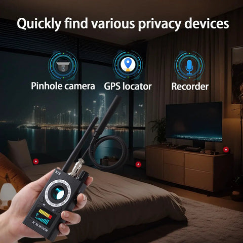All In One Spy Detector Kit With 10 Level Sensitivity And 5 Detection Modes For Hidden Cameras, Listening Devices, GPS And RF Signals, Electronic Sweeper With 48 Hour Battery Life For Home, Office, Hotels Or Cars Privacy Checks in hand