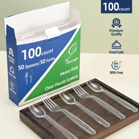Heavy Duty Disposable Plastic Cutlery Set 100 Count Forks And Spoons Shatterproof BPA Free Heat Resistant