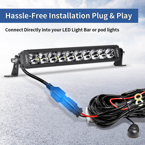 10ft Heavy Duty LED Light Bar Wiring Harness Kit With 12AWG Power Relay shown with LED light bar and waterproof plug