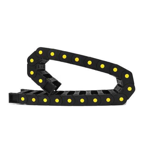 R55 Nylon Drag Chain Cable Carrier 0.98 x 3.03 in 25 x 77 mm, 1 Meter Length in black with yellow connectors, side view.