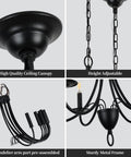 Close-up of Black 6 Light Farmhouse Chandelier components, showing ceiling canopy, adjustable chain, and sturdy metal frame.