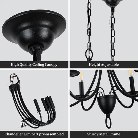 Close-up of Black 6 Light Farmhouse Chandelier components, showing ceiling canopy, adjustable chain, and sturdy metal frame.