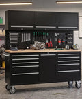 Badass Rolling Tool Chest With Eleven Deep Drawers Plus Three Extra Upper Cabinets Seventy Two Inch Black Steel Workshop Storage Cart.