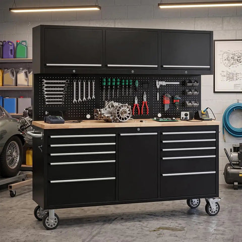 Badass Rolling Tool Chest With Eleven Deep Drawers Plus Three Extra Upper Cabinets Seventy Two Inch Black Steel Workshop Storage Cart.
