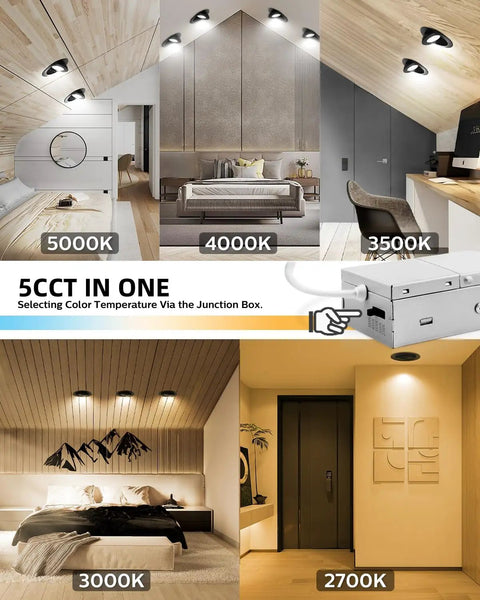 4 Inch Gimbal LED Recessed Lights Dope 5CCT Dimmable Eyeball Can Lights with J Box in 5 color temperatures, room examples