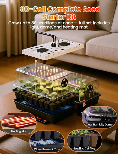 Full Spectrum LED Grow Light Seed Starter Kit with 80 Cell Tray, 30W Heating Mat, Adjustable Dome, germinating seedlings