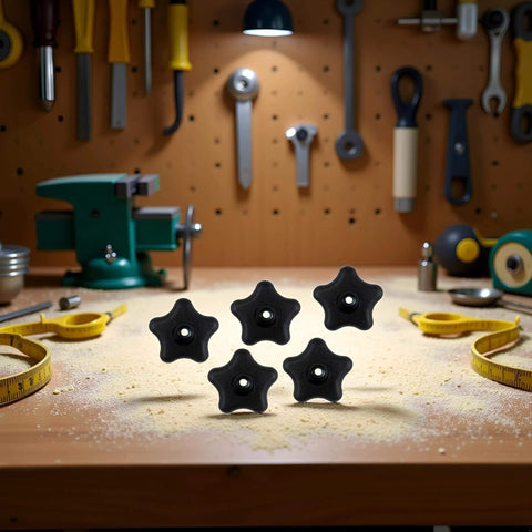 Five Pack Black Star Knobs For T Track Bolts And Feather Boards, 5/16-18 Female Thread, displayed on a woodworking bench.