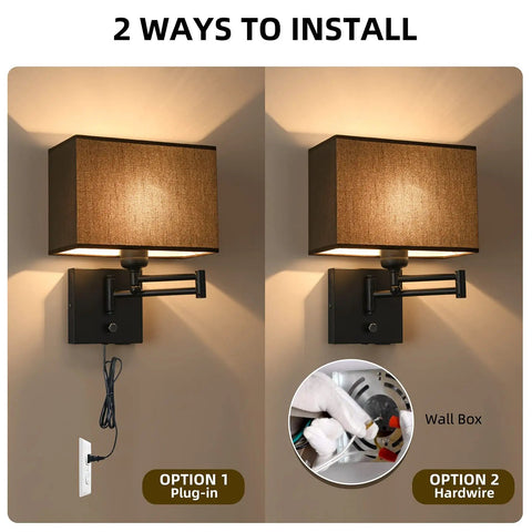 Swing Arm Wall Lamp With Dimmer And USB Port Wall Sconce Black Fabric Shade For Bedroom Living Room And Nurse Room Creates Cozy Mystical Atmosphere With Plug In Cord