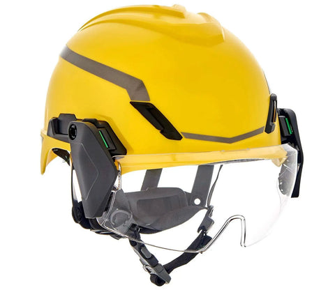 V-Gard H1 Half-Face Spectacle With Clear Polycarbonate Visor attached to yellow hard hat, side view