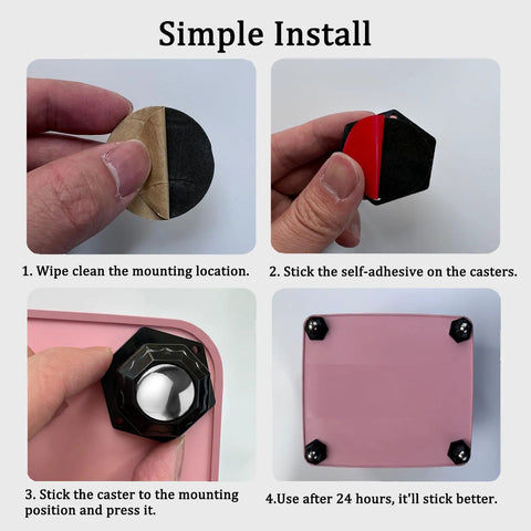 Installation steps for Stick On Mini Caster Wheels 8 Pack Low Profile Swivel Casters showing adhesive and mounting process.