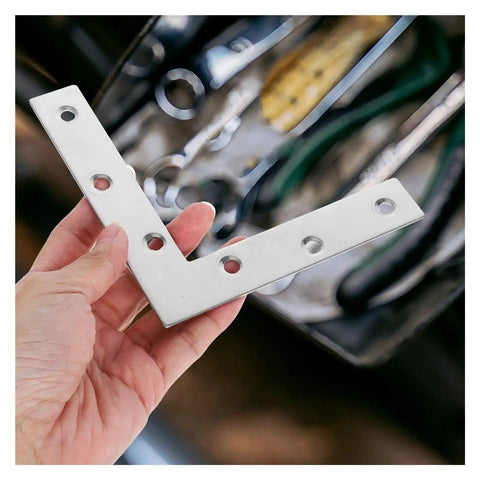 Hand holding Heavy Duty Stainless Steel L Shaped Corner Braces For Wood Panels And Shelves, 90 Degree Metal Mending Plates, 2x2x2 Inch