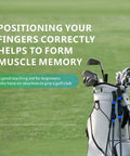 Golf clubs in bag with text on grip technique, highlighting Golf Grip Trainer For Consistent Swing Improve Grip Strength And Hand Position.