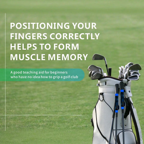 Golf clubs in bag with text on grip technique, highlighting Golf Grip Trainer For Consistent Swing Improve Grip Strength And Hand Position.