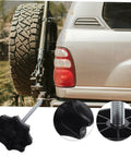 Spare Tire Hold Down Bolt For Cars Universal Fitment Mounting Hardware with close-up of bolt and rear SUV view.