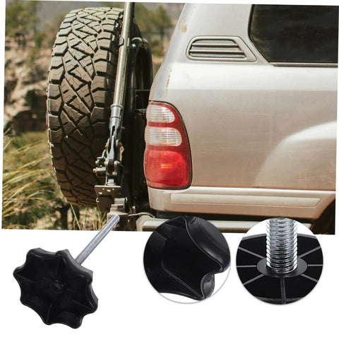 Spare Tire Hold Down Bolt For Cars Universal Fitment Mounting Hardware with close-up of bolt and rear SUV view.