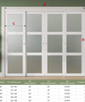 Sliding Closet Door 112x80 Inches Bypass Frosted Glass 3 Lite With Hardware Kit Included Preassembled MDF With PVC Panels White