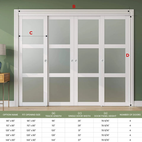 Sliding Closet Door 112x80 Inches Bypass Frosted Glass 3 Lite With Hardware Kit Included Preassembled MDF With PVC Panels White