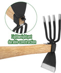 Close-up of Two In One Garden Hoe And Cultivator For Weeding And Planting, Japanese Style Hand Tool showing sharp blade and tiller.