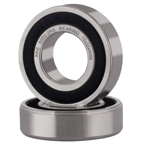 2 Pack 6002-2RS Rubber Seal Bearings 15x32x9mm deep groove ball bearings, close-up view showing rubber seals and pre-lubrication