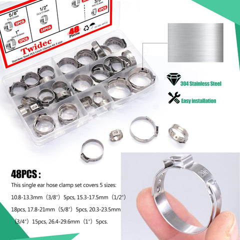 Rugged Pro Grade PEX Cinch Clamps Kit 5 Size 3/8 1/2 3/4 5/8 1 Inch Stainless Steel Crimp Rings for PEX Pipe Fittings Easy Install Single Ear Hose Clamps Kit