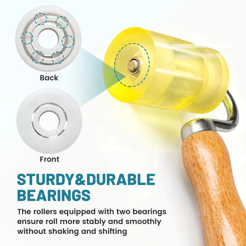 NuIth 3-in-1 auto car sound-deadening roller with yellow PU roller and wooden handle (front view)