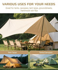 Camping setup with tents and tarp using 7075 Aluminum Tent Stakes 15 Pack Ultralight Tri Beam Pegs With Reflective Rope