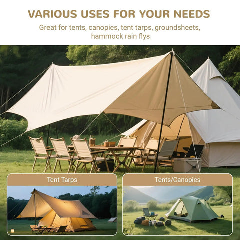 Camping setup with tents and tarp using 7075 Aluminum Tent Stakes 15 Pack Ultralight Tri Beam Pegs With Reflective Rope