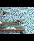 Modern Animal Print Vinyl Wallpaper Delivers Slick Leather Texture And Tough As Nails Durability For Busy Commercial Spaces And Gets Custom Printed For Your Walls, featuring blue abstract pattern on wall.