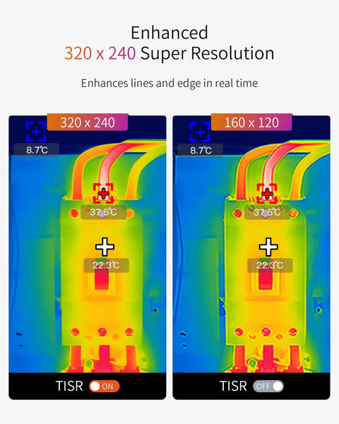 Enhanced 320x240 infrared thermal images comparing super resolution on the Infrared Thermal Camera FI160S for inspections.
