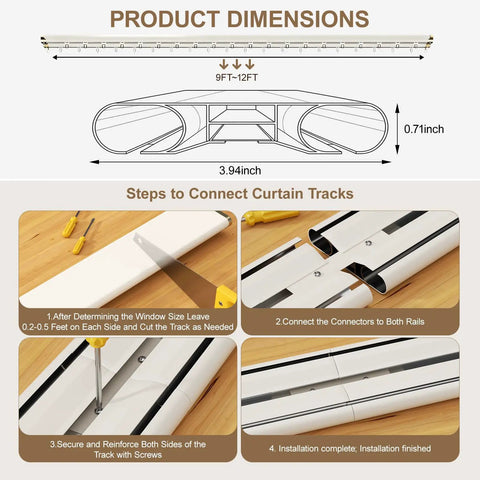 Dual Row Ceiling Mount Curtain Track System For Sheer And Blackout Drapes, Aluminum White Adjustable 9 To 12 Feet, Custom Fit With Easy Install For Home, Hotel, And Hospital Spaces. Product dimensions and installation steps