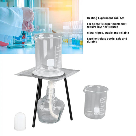 Durable Chemistry Lab Kit With Beaker Set For Students Classroom Demonstrations And Heating Experiments Thick Glass 150ml And 250ml Beakers Safe Non Slip Hands On Science Tools with glass beakers, tripod, and burner setup