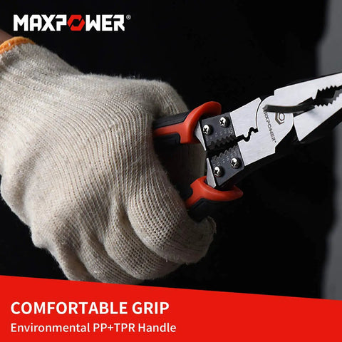 Close-up of 8 Inch Multifunction Pliers Set 5 In 1 Wire Stripper Crimper Cutter Needle Nose Pliers with comfortable grip in gloved hand