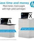 Comparison of HP standard-yield and high-yield toner cartridges on paper stacks.