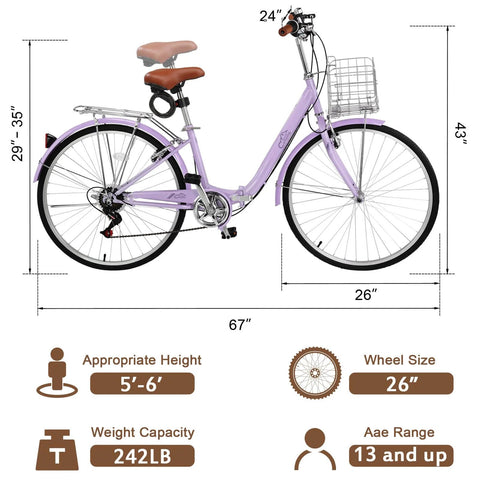 Foldable 26 Inch Beach Cruiser Bicycle For Women And Adults With 7 Speed Shifting, dimensions, and features overview
