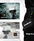 Green Laser Level With Self Leveling And Manual Mode, waterproof and dustproof, shown attached to a belt with case.