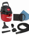 1.5 Gallon 2.0 Peak Wet Dry Vacuum For Quick Cleanups At Home, Garage, Or Vehicle, showing vacuum, hose, and attachments