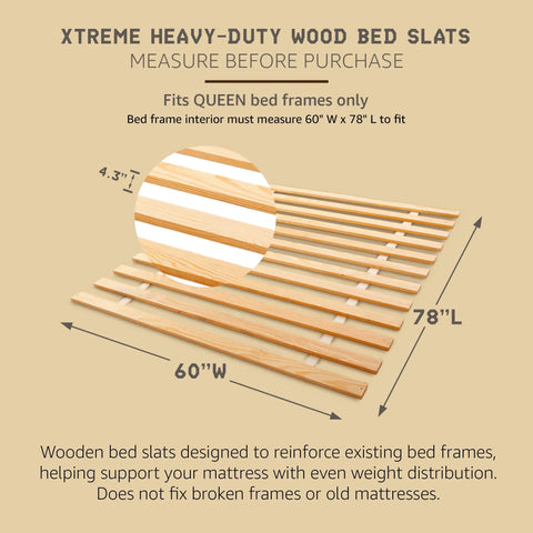 Solid Pine Wood Bed Frame Support Slats 60" W x 78" L help prevent sagging and creaking for a stable mattress.