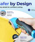 Electric Cordless Box Cutter Scissors With 4V Battery Cuts Cardboard Fabric Carpet Fast 2500 Mah Runtime Rapid Charger Included Heavy Duty Power Tool For Shipping Warehouse Projects Safe design showing protective blade guard and dual-action safety lock.