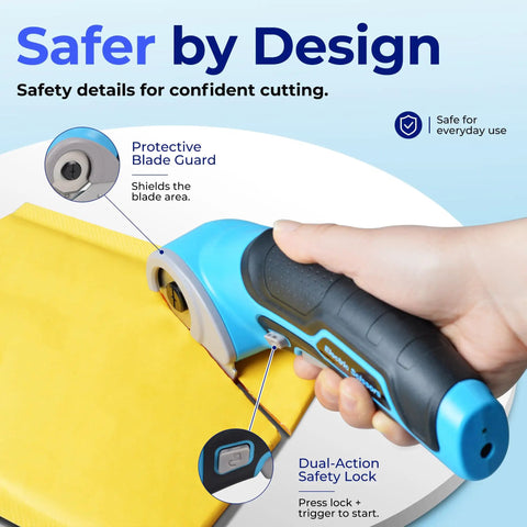 Electric Cordless Box Cutter Scissors With 4V Battery Cuts Cardboard Fabric Carpet Fast 2500 Mah Runtime Rapid Charger Included Heavy Duty Power Tool For Shipping Warehouse Projects Safe design showing protective blade guard and dual-action safety lock.