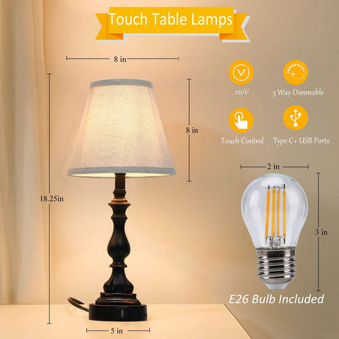 Sleek Black Table Lamps Set of 2 For Living Room And Bedroom Touch Control Nightstand Lamps with dimensions and features.