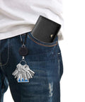 Man wearing jeans with Five Pack Retractable Keychain Badge Holders With Steel Wire Reel Clip Durable ID Badge Reels attached