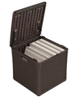 60 Gallon Outdoor Storage Box in Java Resin with opened lid, revealing gray cushions inside, wicker-style design, weatherproof deck box